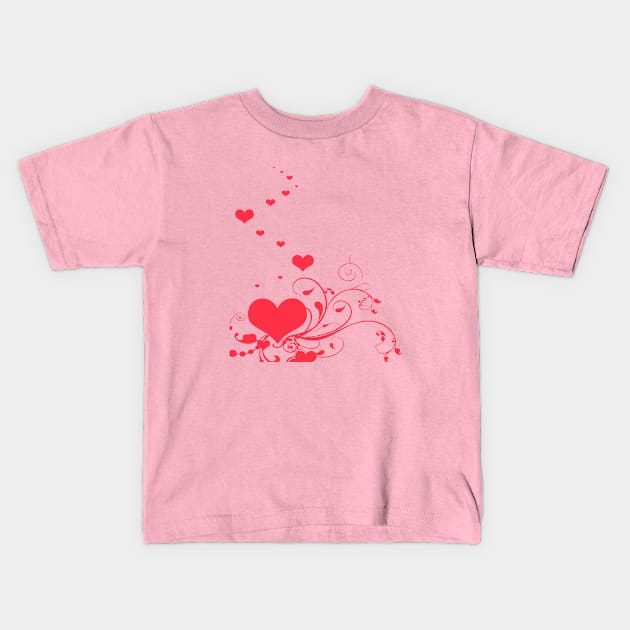 Red Hearts And Curlicue Leaves With Love Kids T-Shirt by taiche